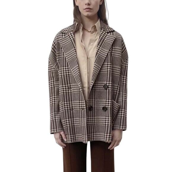 Zara Houndstooth Double Breasted Oversized Knit Sweater Blazer Jacket Size M - Picture 1 of 16